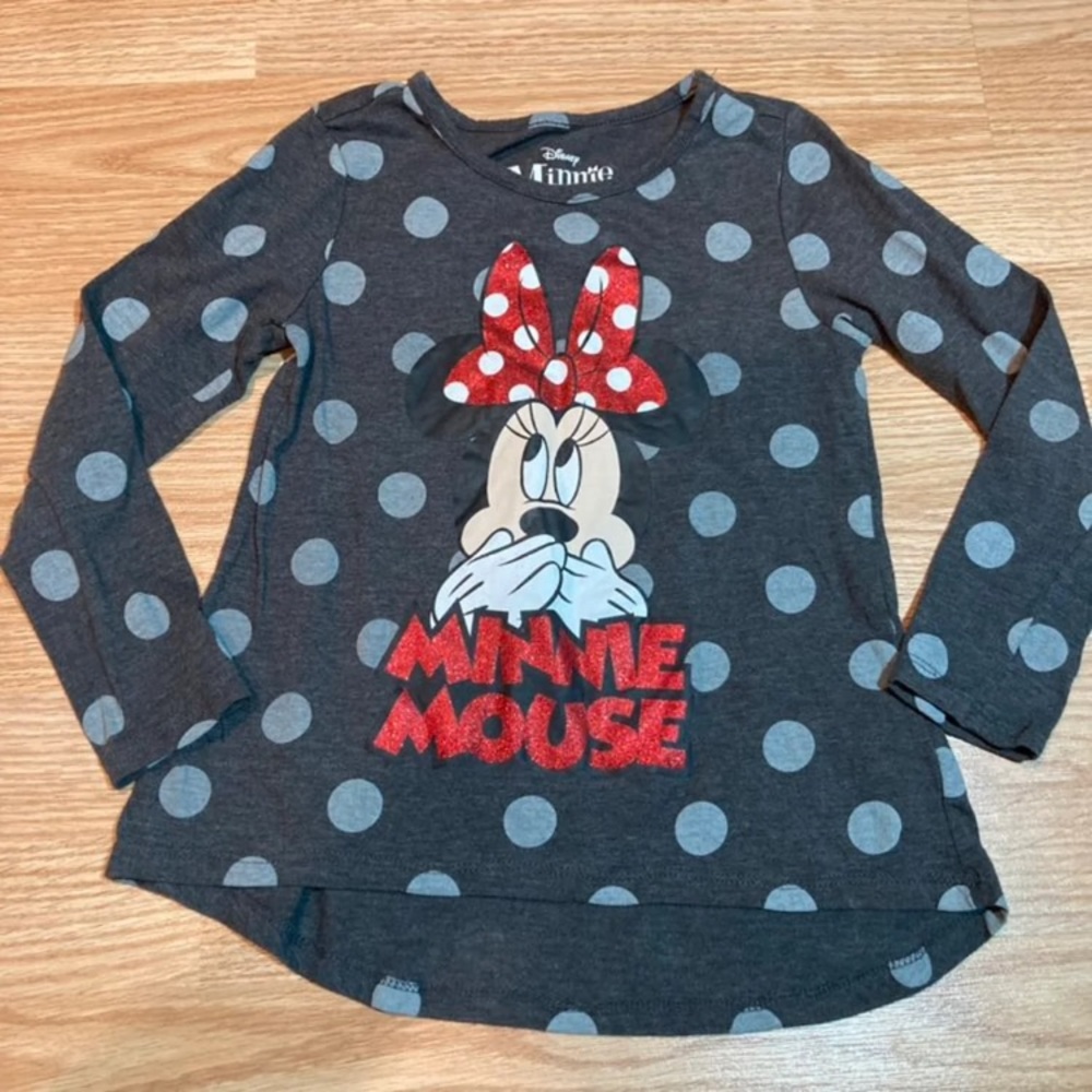 Disney Minnie Mouse Girls Gray Polka Dot Glitter Graphic Long Sleeve Top S 6-6X